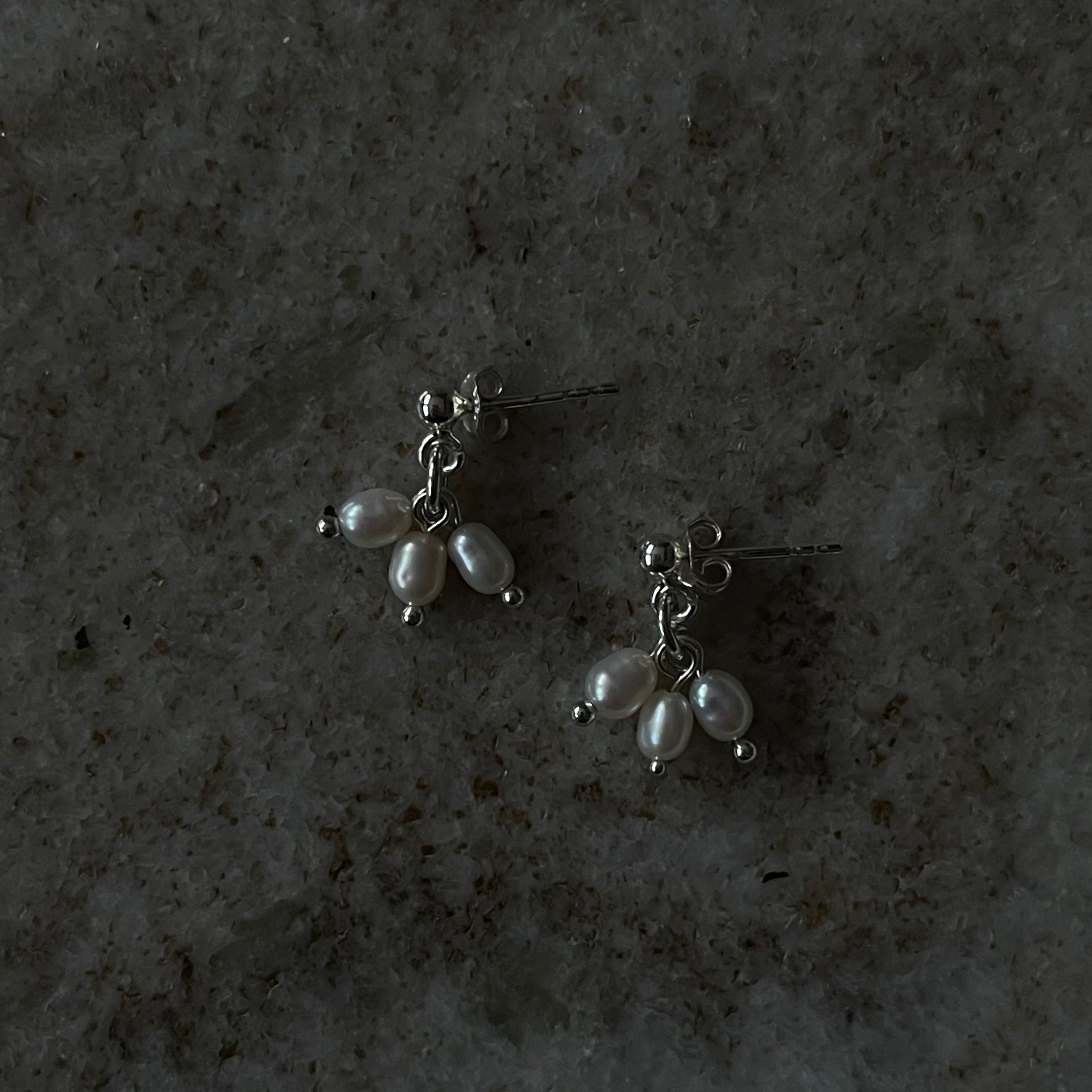 tiny natural freshwater pearl dangling sterling silver earrings