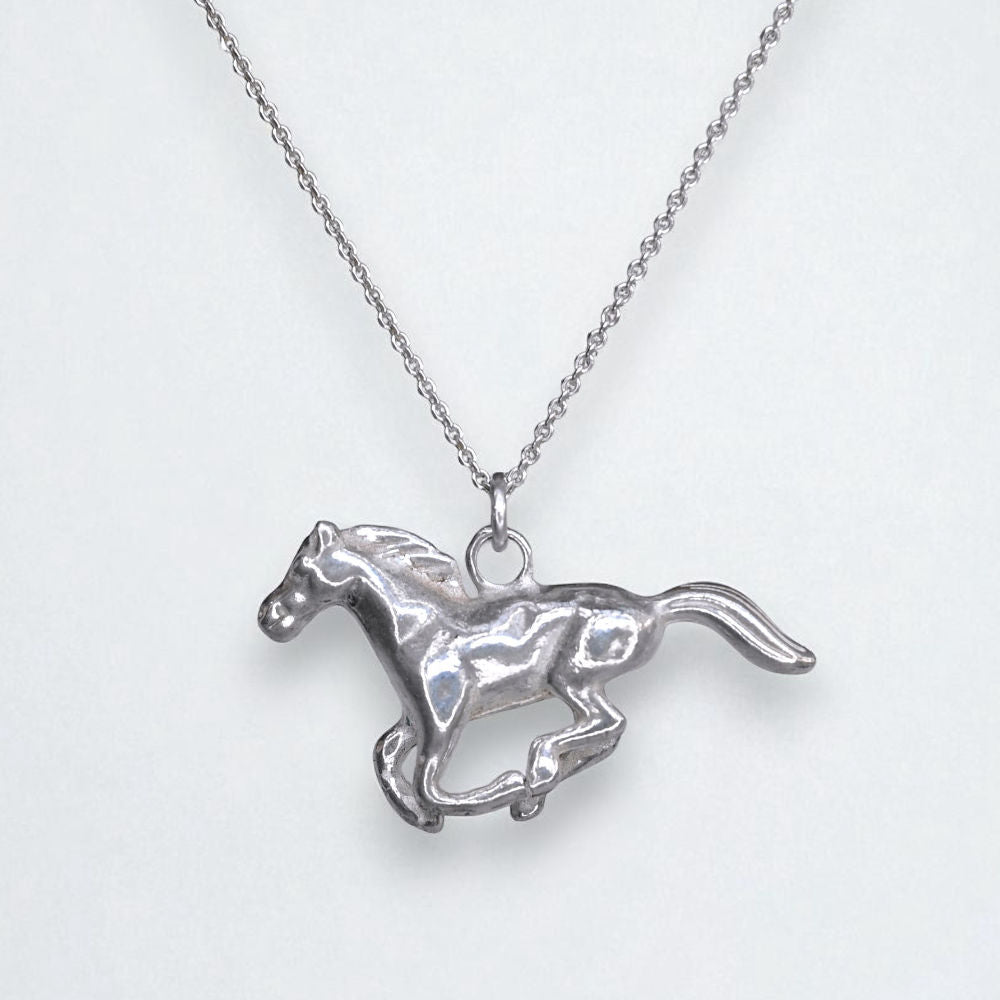 Silver horse pendant on a thin silver chain against a white background
